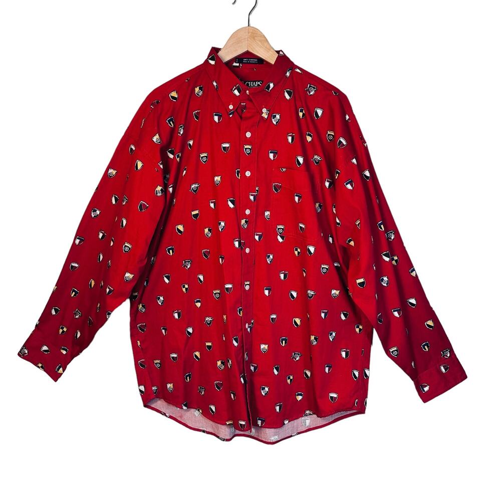 Vtg 90s Chaps Ralph Lauren Shields Crest BU Shirt XL Red  Preppy Novelty